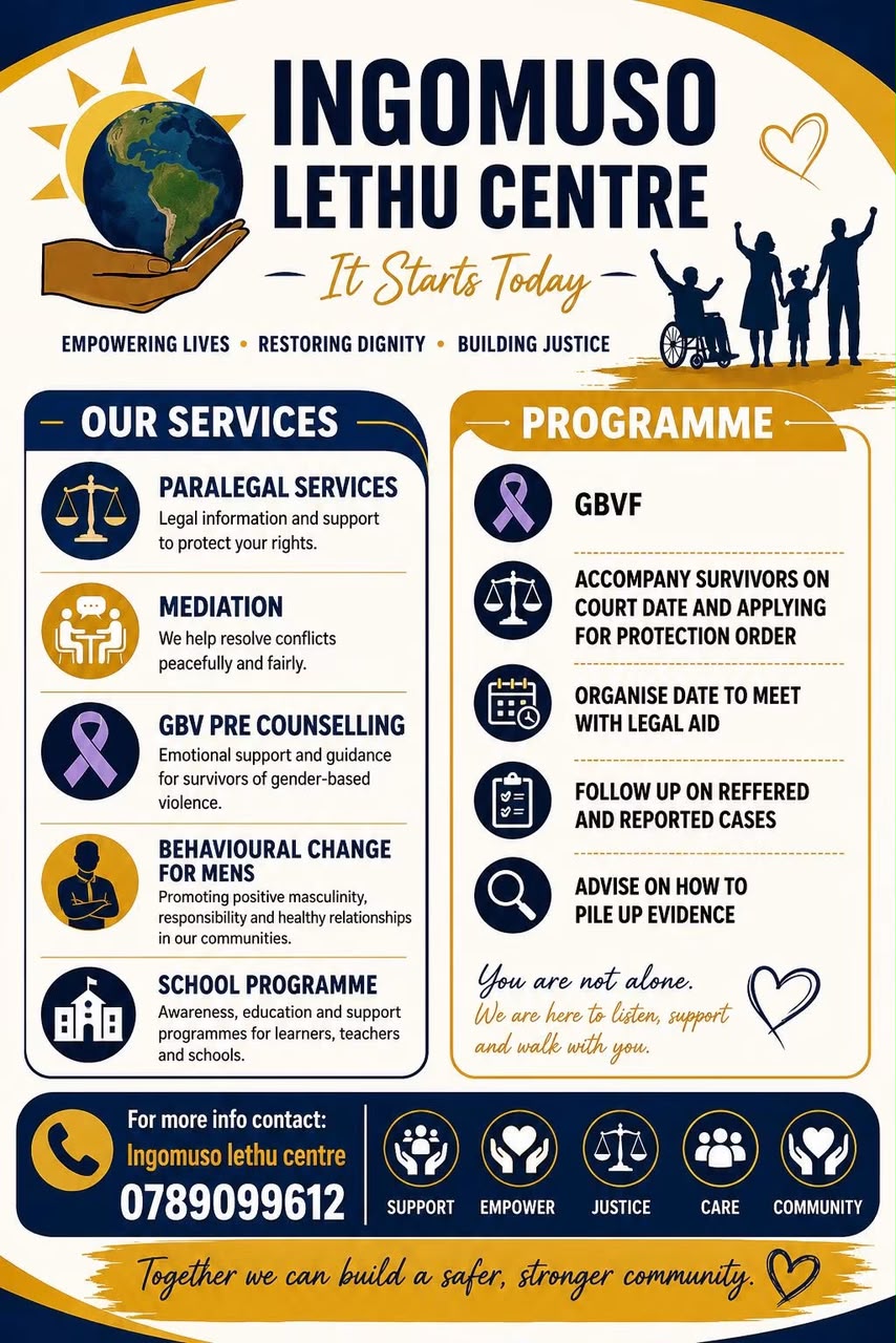 Ingomuso Lethu Centre services poster: paralegal support, mediation, GBV counselling, and school programmes